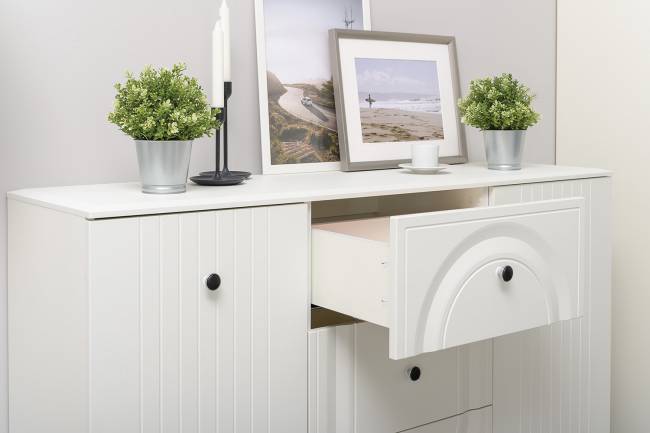 Комод-тумба под ТВ с полкой и пенал со стеклом Валенсия цвет белый шагрень