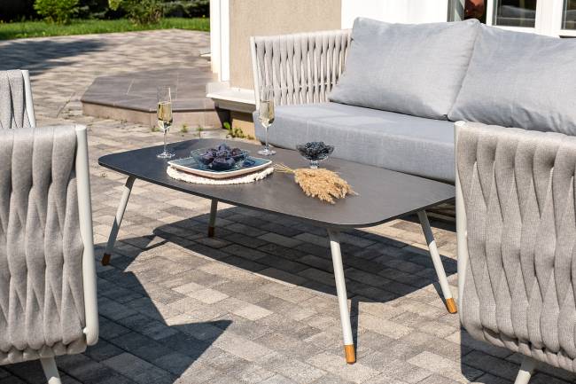 "Монако" лаунж-зона 4-местная из роупа со столом "Верона" (серый гранит), каркас светло-серый, роуп светло-серый