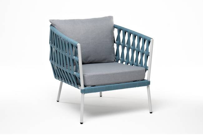 "Диего" кресло плетеное из роупа, каркас алюминий светло-серый (RAL7035) муар, роуп бирюзовый круглый, ткань светло-серая