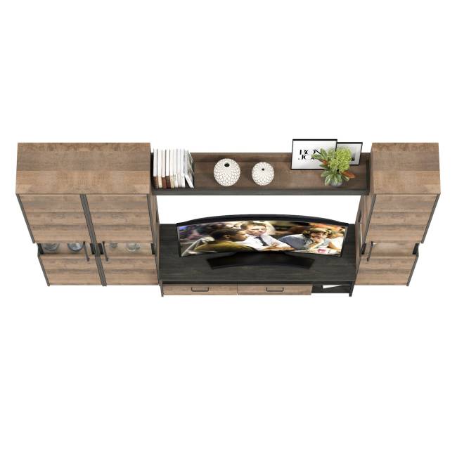 Три пенала-витрины в стиле лофт с подсветкой и тумба под ТВ Трувор цвет дуб гранж песочный/интра Три пенала-витрины в стиле лофт с подсветкой и тумба под ТВ Трувор цвет дуб гранж песочный/интра