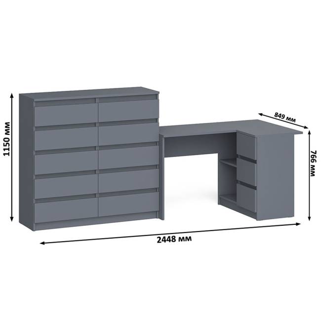 Стол компьютерный МС-16 с тумбой справа и высокий комод на 10-ть ящиков Мори цвет графит Стол компьютерный МС-16 с тумбой справа и высокий комод на 10-ть ящиков Мори цвет графит