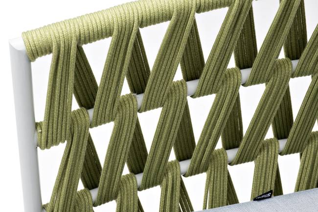 "Диего" диван 2-местный плетеный из роупа, каркас алюминий светло-серый (RAL7035) муар, роуп салатовый меланж круглый, ткань светло-серая