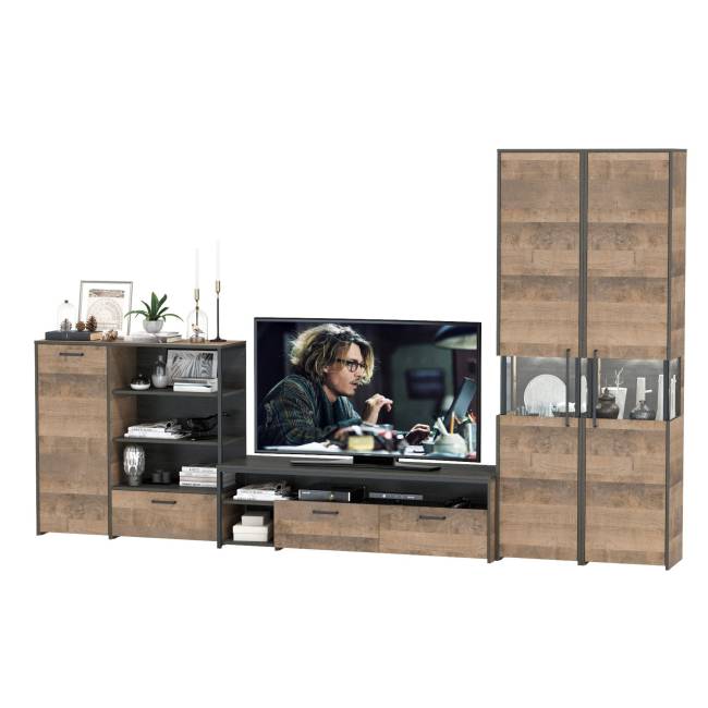 Стенка в гостиную лофт с подсветкой Трувор № 36 цвет дуб гранж песочный/интра Стенка в гостиную лофт с подсветкой Трувор № 36 цвет дуб гранж песочный/интра