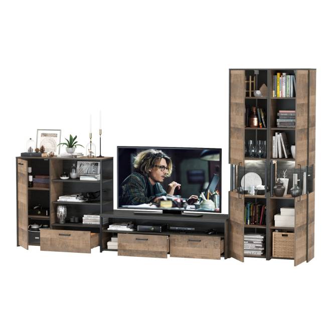 Стенка в гостиную лофт с подсветкой Трувор № 36 цвет дуб гранж песочный/интра Стенка в гостиную лофт с подсветкой Трувор № 36 цвет дуб гранж песочный/интра