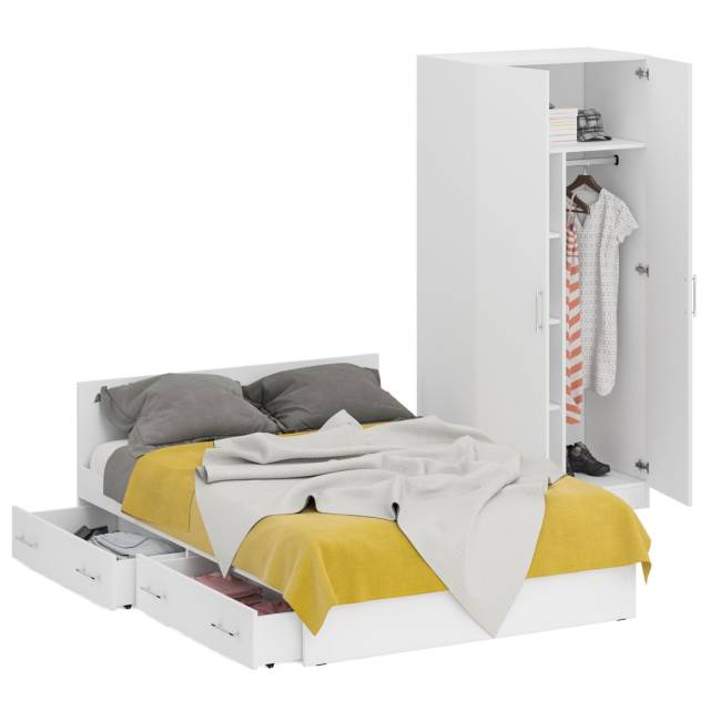 Двуспальная Кровать белая с ящиками 1400 со шкафом для одежды 2-х створчатым Стандарт цвет белый