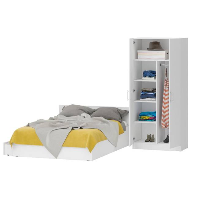 Двуспальная Кровать белая с ящиками 1400 со шкафом для одежды 2-х створчатым Стандарт цвет белый