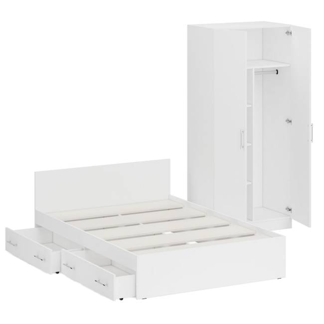 Двуспальная Кровать белая с ящиками 1400 со шкафом для одежды 2-х створчатым Стандарт цвет белый