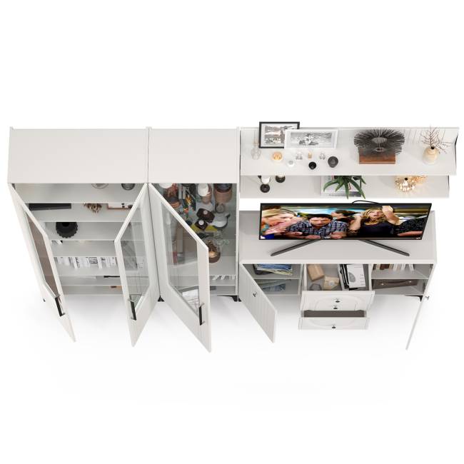 Тумба-комод и шкаф с тремя стеклянными дверками в гостиную Валенсия цвет белый шагрень