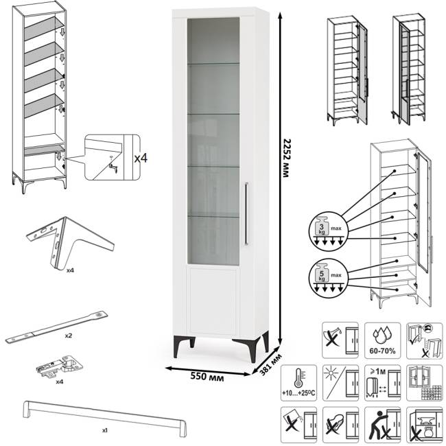 Тумба-комод и шкаф с тремя стеклянными дверками в гостиную Валенсия цвет белый шагрень