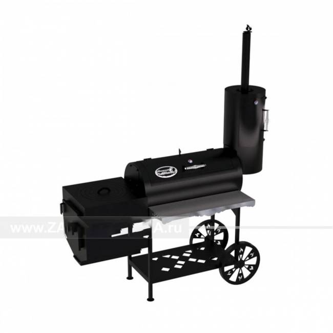 Гриль-Смокер казан XXL, из стали толщиной 3 мм, печь слева, в термостойкой покраске