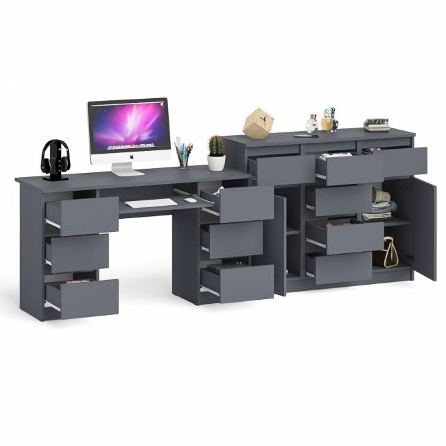 Двухтумбовый стол компьютерный МС-2 с ящиками и тумба-комод МК1200.4 Мори цвет графит