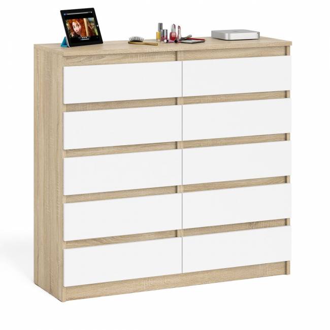 Комод высокий на десять выдвижных ящиков Мори МК1200.10 цвет дуб сонома/белый