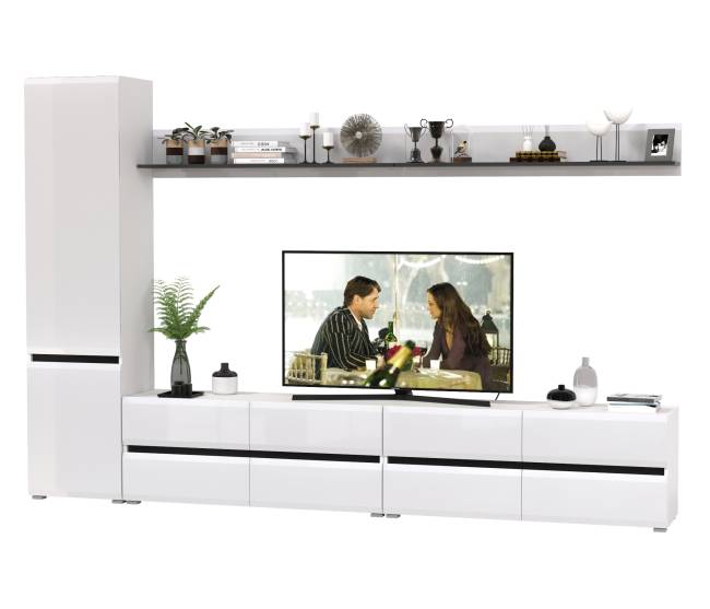 Две ТВ-тумбы с двумя навесными полочками и шкафом с полками Сидней цвет белый/чёрный/МДФ белый глянец Две ТВ-тумбы с двумя навесными полочками и шкафом с полками Сидней цвет белый/чёрный/МДФ белый глянец