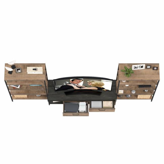 Два открытых стеллажа с полками и ТВ-тумба Трувор цвет дуб гранж песочный/интра Два открытых стеллажа с полками и ТВ-тумба Трувор цвет дуб гранж песочный/интра