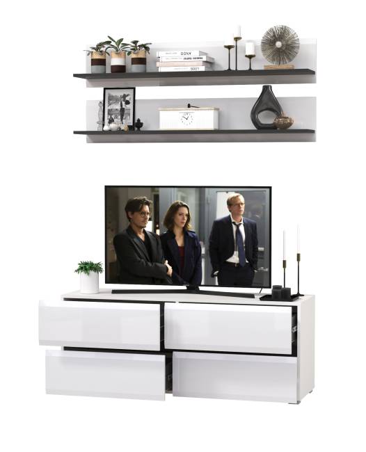 Две открытых полочки с тумбой для аппаратуры Сидней цвет белый/чёрный/МДФ белый глянец