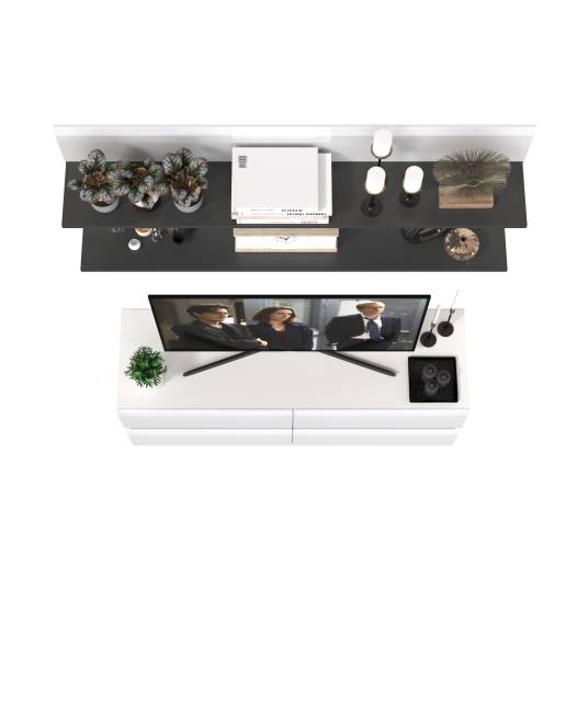 Две открытых полочки с тумбой для аппаратуры Сидней цвет белый/чёрный/МДФ белый глянец