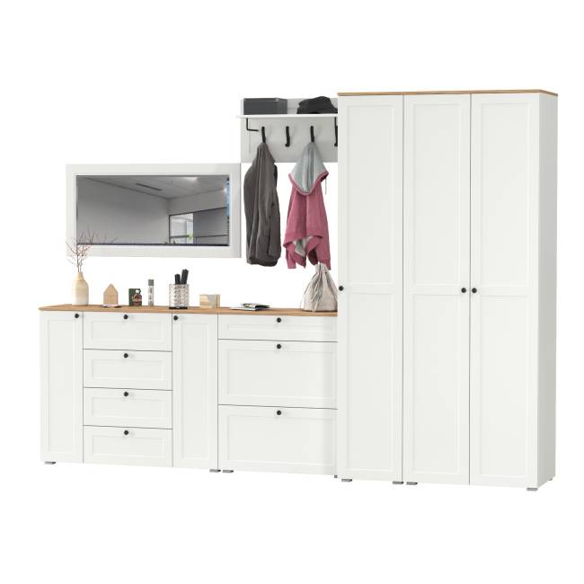 Мебельная стенка для прихожей Остин № 61 цвет белый шагрень/дуб крафт золотой