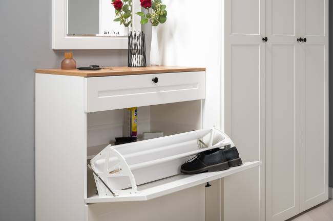 Мебельная стенка для прихожей Остин № 61 цвет белый шагрень/дуб крафт золотой