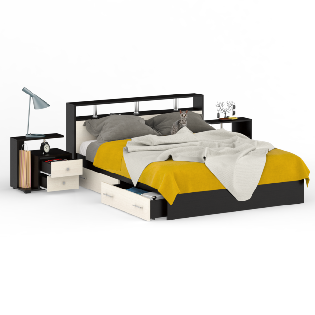 Кровать с ящиками 1600 Камелия + две тумбы цвет венге/дуб лоредо