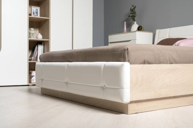 Комод Муссон с кроватью 1600 с подъёмным основанием цвет белый/дуб эндгрейн элегантный/кожзам белый