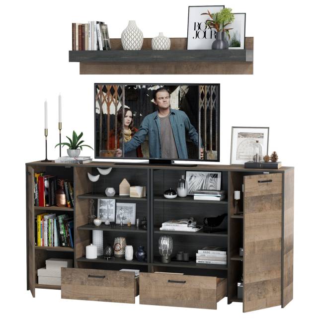 Два комода с дверками и ящиками и навесная полка Трувор цвет дуб гранж песочный/интра