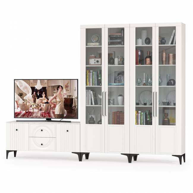 Два серванта и тумба под аппаратуру Валенсия цвет белый шагрень Два серванта и тумба под аппаратуру Валенсия цвет белый шагрень