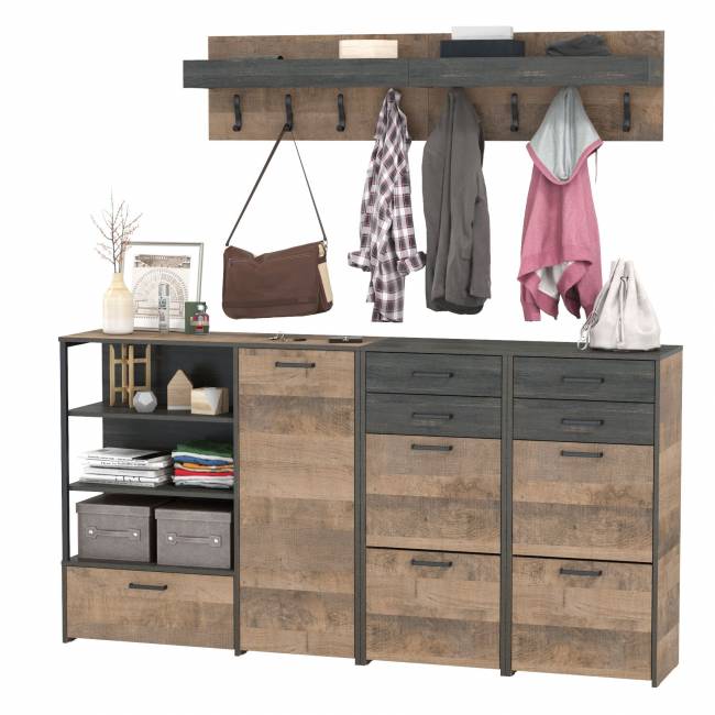 Две вешалки для одежды с полкой с двумя тумбами для обуви и комодом-тумбой с дверкой Трувор цвет дуб гранж песочный/интра