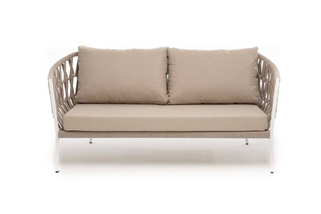 "Диего" диван 2-местный плетеный из роупа, каркас алюминий белый муар, роуп бежевый круглый, ткань бежевая 052 "Диего" диван 2-местный плетеный из роупа, каркас алюминий белый муар, роуп бежевый круглый, ткань бежевая 052