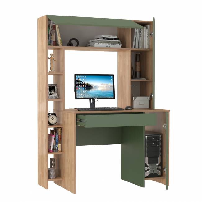 Рабочий компьютерный стол Комфорт 12.71 цвет гикори рокфорд натуральный/дымчатый зелёный