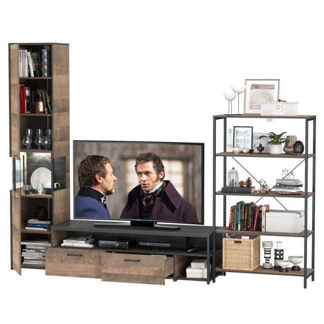 Стенка для гостиной Трувор № 14 с пеналом-витриной с подсветкой цвет дуб гранж песочный/интра