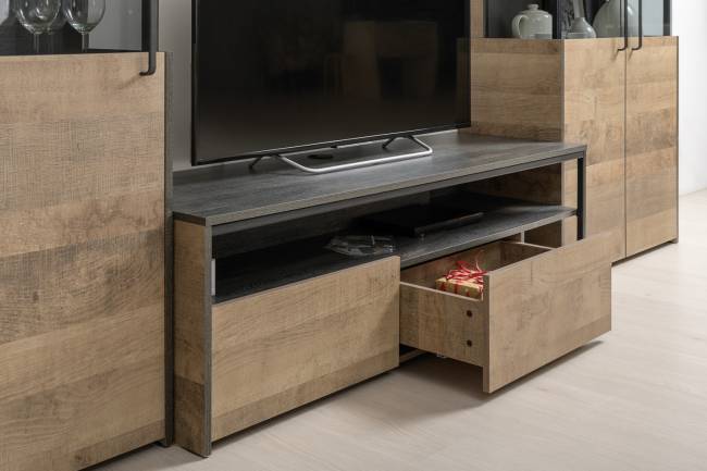 Стенка для гостиной Трувор № 14 с пеналом-витриной с подсветкой цвет дуб гранж песочный/интра